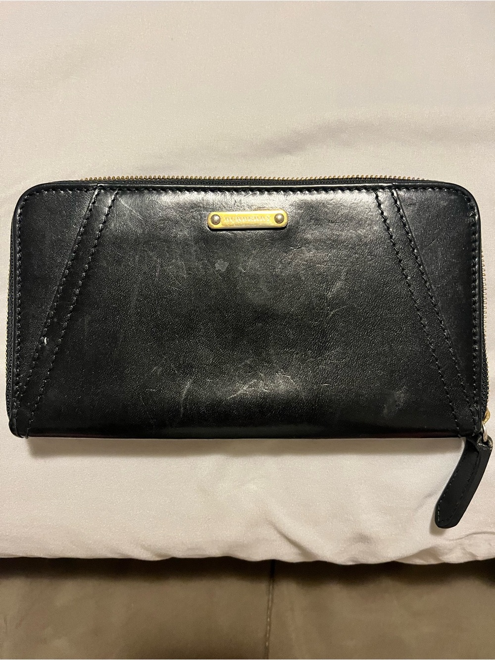 Burberry Black Leather Zip Wallet with Gold Plate